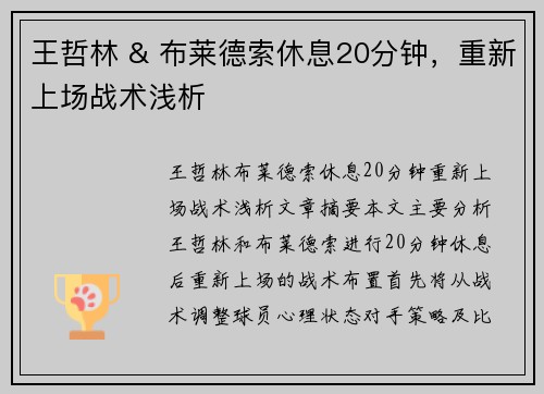 王哲林 & 布莱德索休息20分钟，重新上场战术浅析